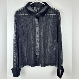 Tribal Size 14 Women's Black Sheer Mesh Sequin Button Up Collared Blouse